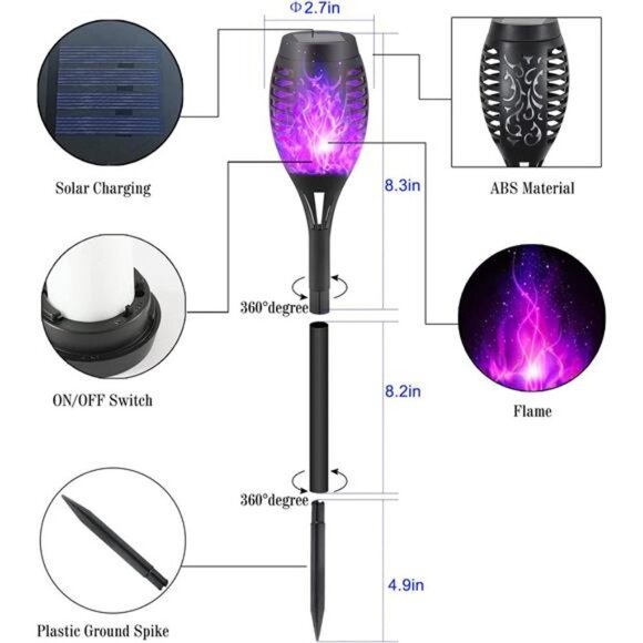 Purple Solar Lights Outdoor, 8 Pack Solar Torches Lights Flickering Flame - Picture 7 of 7